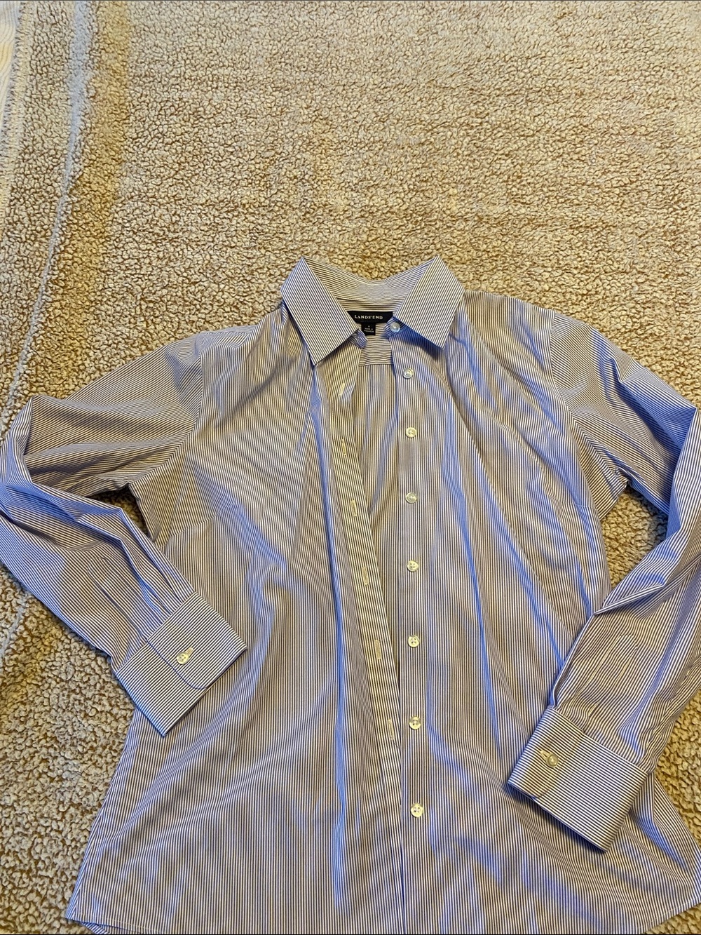 Lands' End Women's Blue and White Pinstripe Button-Down Blouse